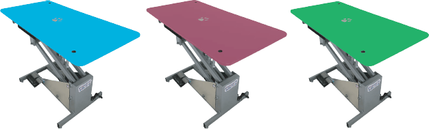 Three grooming tables in different colors